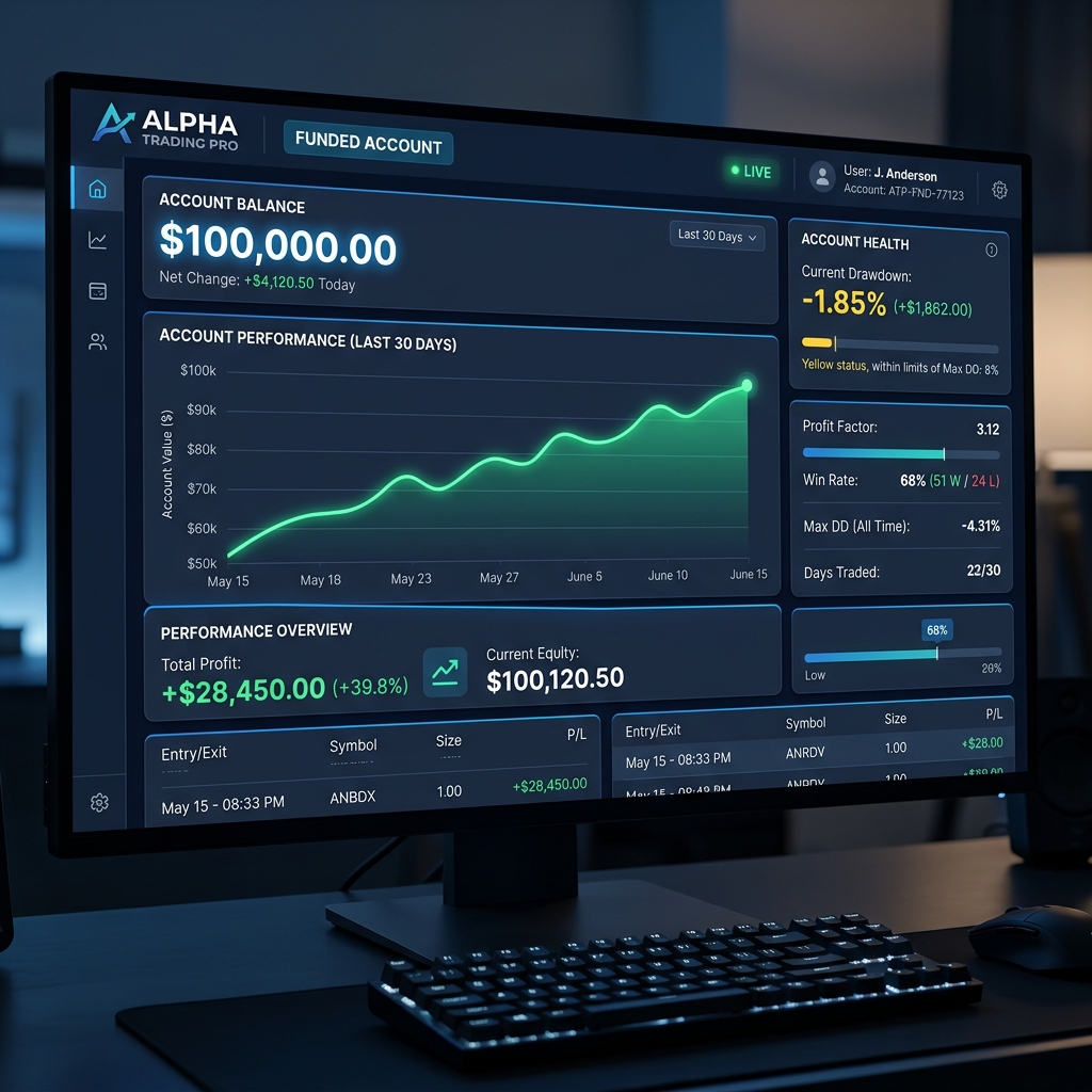 A sleek modern forex trading dashboard showing a funded account with a profitable equity curve