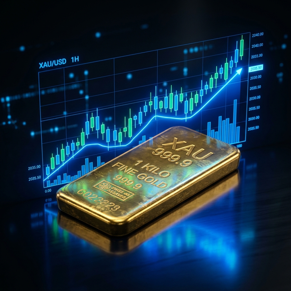 A premium gold bar resting under glowing blue holographic forex trading charts, representing Gold XAU/USD trading analysis