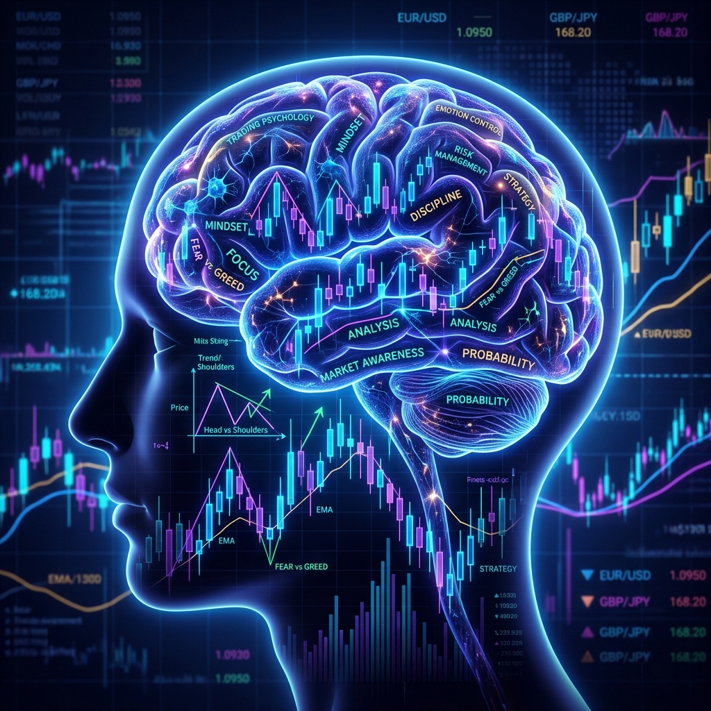 A modern neon illustration representing trading psychology, showing a brain structure layered over forex candlestick charts